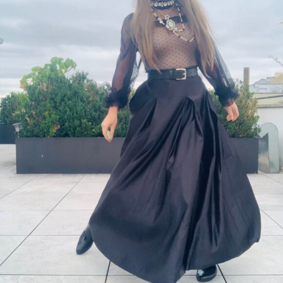 Anthro Full Satin Skater Drama Black Tie Dress Up Maxi Flare Skirt Pockets NWOT - Picture 5 of 16